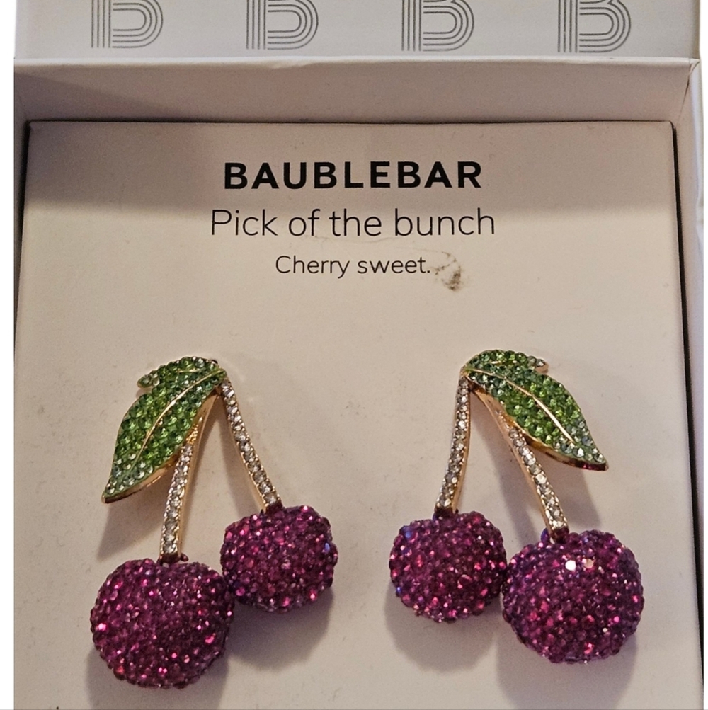 🍒BOGO* BaubleBar Micro-Pavé Crystal Cherry Earrings w/ Ombré Green Leaves NWT&B